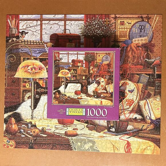 Vintage 1998 Sew, Sew Relaxing Charles Wysocki 1000 Piece Cat Puzzle - Complete - Picture 3 of 9